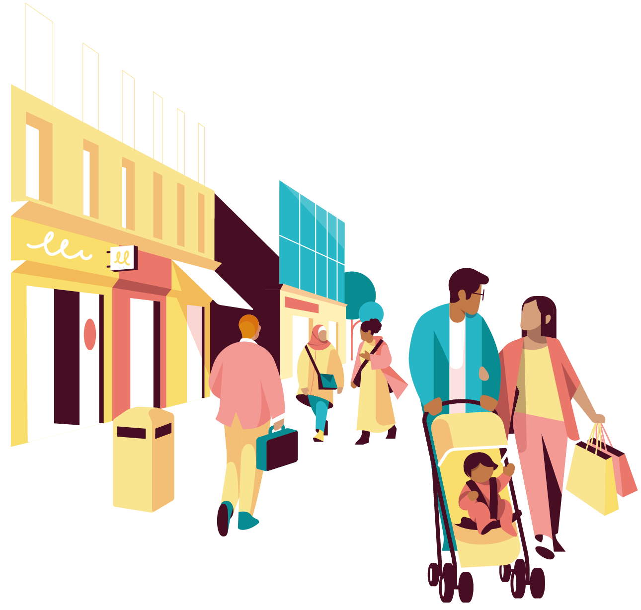 Illustration of pedestrians walking along a street